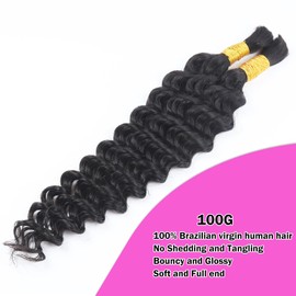 Human Braiding Hair for Boho Braiding, Deep Wavy Bulk Human Hair for Braiding, 40 cm, 16 Inches, Brazilian Curly Human Braiding Hair without Weaving, Natural Black Dyeing