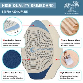 WONITAGO Skimboard with EVA Grip Pad and High Gloss Clear Coat, Durable Wooden Skim Boards for Kids and Adults, 35", Navy&Blue