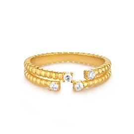 GNIRTSI Gold Ribbed Ring for Women Diamond Cubic Zirconia 14K Gold Plated Minimalist Stack Split Shank Thin Band Open Finger Jewelry Size 6