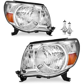 Headlights Assembly Compatible with 2005-2011 Toyota Tacoma Headlamp Replacement Chrome Housing Amber Reflector Driver & Passenger Side