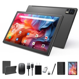 2024 Latest 10.1 Inch Android 14 Tablets, Octa-Core Tablet, 64GB ROM+8(4+4)GB RAM/128GB Expand, 13MP+5MP Dual Camera, 5G WiFi, Bluetooth, FHD IPS Display, 2 in 1 Tablet with Keyboard, Case, Stylus - Color: Black