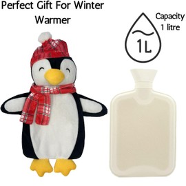 OLIVIA ROCCO Christmas Hot Water Bottle with Cover Winter Fun Festive Gift Idea for Kids and Adults UK Safe Tested Natural Rubber 1 Litre Bottle (Penguin)