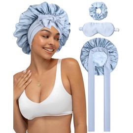 WELROG Double Layer 19 Momme Silk Sleep Cap with Silk Hair Bands and Adjustable Sleep Mask - Perfect for Relaxation and Hair Care