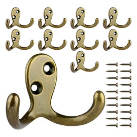 JZS Heavy Duty Double Prong Coat Hooks, Wall Mounted Metal Utility Hooks for Coats, Bags, Towels, Keys, Hats, and More, Bronze, 10 Pack