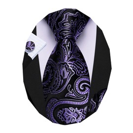 Barry.Wang Paisley Tie Fashion Set Hanky Cufflinks Neckties for Men Woven Silk, Black Lilac Purple, One Size