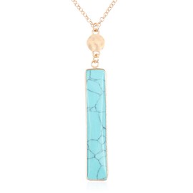 RIAH FASHION Bohemian Natural Stone Geometric Pendant Long Necklace - Simple Rectangle Bar Charm Layering Statement Layer Chain Marble Quartz (Faceted Bar 2 - Turquoise)