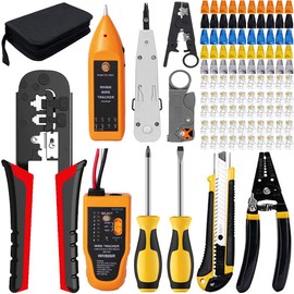 LEATBUY Crimper Set RJ45 Crimp LAN Ethernet CAT5 CAT6 Crimping Tool Kit with 50PCS RJ45 Connectors, 50PCS Covers, Network Cable Tester, Wire Punch Down Cutter Stripper Plier(Blue)
