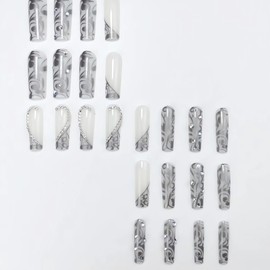 Long Press on Nails Square Fake Nails with Designs Glossy Silver Nails Press on Acrylic Nails Rhinestones Heart False Nails French Tip Abstract Black Glue on Nails Goth Coffin Stick on Nails for Women