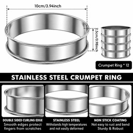 12 PCS Crumpet Rings 10cm Stainless Steel Baking Rings, Dishwasher Safe