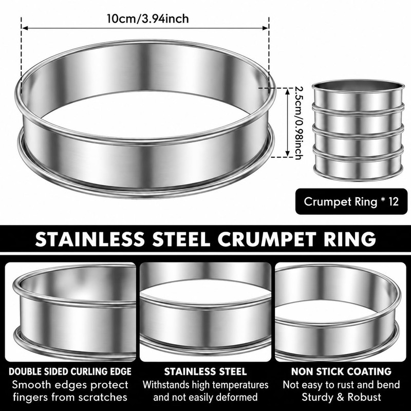 12 PCS Crumpet Rings 10cm Stainless Steel Baking Rings, Dishwasher