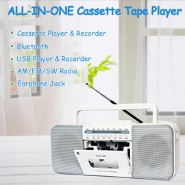 Cassette Tape Player Recorder Boombox with Bluetooth, AM/FM/SW Radio, Record to Cassette/USB/SD, Premium 10W Sound, AC/DC Powered, Portable Cassette Player