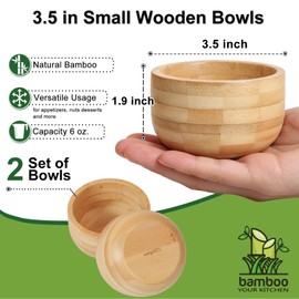 ZTHapwa Bamboo Bowls Set of 2, 6 oz Small Wooden Serving Bowls for Dessert, Nuts, Snacks, Condiments & Dips | 3.5 Inch Deep Mini Bowls for Charcuterie Boards, Food Prep & Kitchen Organization
