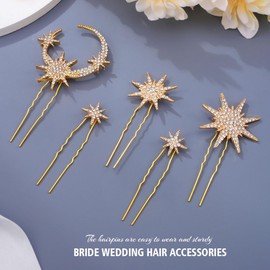 Bessney Star Bride Wedding Hair Pins Gold Crystal Moon Hair Pieces Bridal Hair Accessories for Women and Girls (Pack of 5)