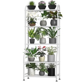 Yutrchey Yutrchey 5-Tier Metal Plant Stand Indoor Outdoor, Waterproof Flower Stand for Multiple Pots, Heavy Duty Plant Stands for Living Room Patio Garden Decor, Tall Plant Shelf with Leveling Feet, White