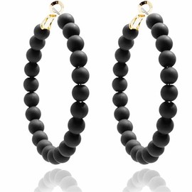 Beaded Hoop Earrings Bohemian Elegant Colorful Large Round Circle Chic Geometric Matte Acrylic Beads Minimalist Dangle Drop Earrings for Women Birthday Wedding Christmas Party Trendy Jewelry Gifts (Black)