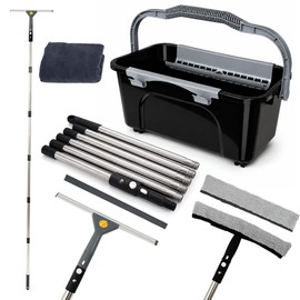 Window Washing Kit with Extension Pole(19–94.5"), Window Squeegee with Extension Pole, High Reach Window Cleaning Kit, 3 Gallon Bucket, Streak-Free Outdoor Window Cleaner, Extra Refills
