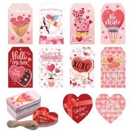 100pcs Valentine's Day Gift Tags, 10 Styles 2 Shapes Valentines Tags with String Love Heart Tags Labels with Hole Gift Wrap Tag Hanging Paper Ornaments for Wedding Party Crafts