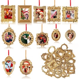 Thyle 36 Pcs Mini Vintage Gold Picture Frames Ornaments DIY Small Picture Frame Christmas Tree Hanging Ornaments with Velvet Ribbon for Display Photo Christmas Party Decor