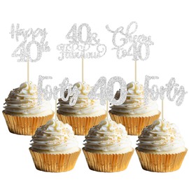 Paquete de 30 adornos para magdalenas de feliz cumpleaños 40 cumpleaños con purpurina plateada, 40 saludos a 40 años de edad, para decoración de pasteles de feliz cumpleaños 40 aniversario