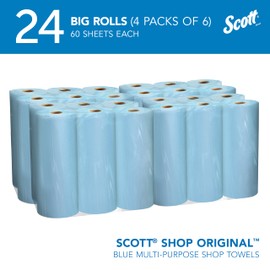 Scott Shop Original Blue Towels (55990), Large 9.4”x11 Cloth-like Paper Towel, 4 packs of 6 (60 Sheets/Roll, 24 Big Rolls/Case, 1,440 Sheet Total)