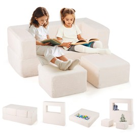 HONEY JOY Modular Kids Play Couch, Washable Foldable Foam Loveseat with Two Ottoman, Convertible Children Plush Sofa to Lounger Bed, Playroom Bedroom Nursery Furniture, Toddler Couch, Gift, Beige