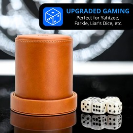 Luck Lab Brown Leather Dice Cup with Lid Including 6 Matching Pearl Dice - Tan Velvet Interior for Quiet Shaking - Use for Liars Dice Farkle Yahtzee Board Games