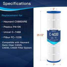 Grefilt 4-Pack C4030 Pool Filter Cartridges, Compatible with Hayward SwimClear C4030, C4025, C4020, Replaces Pleatco PA106, Hayward CX880XRE, Unicel C-7488, 425 sq.ft