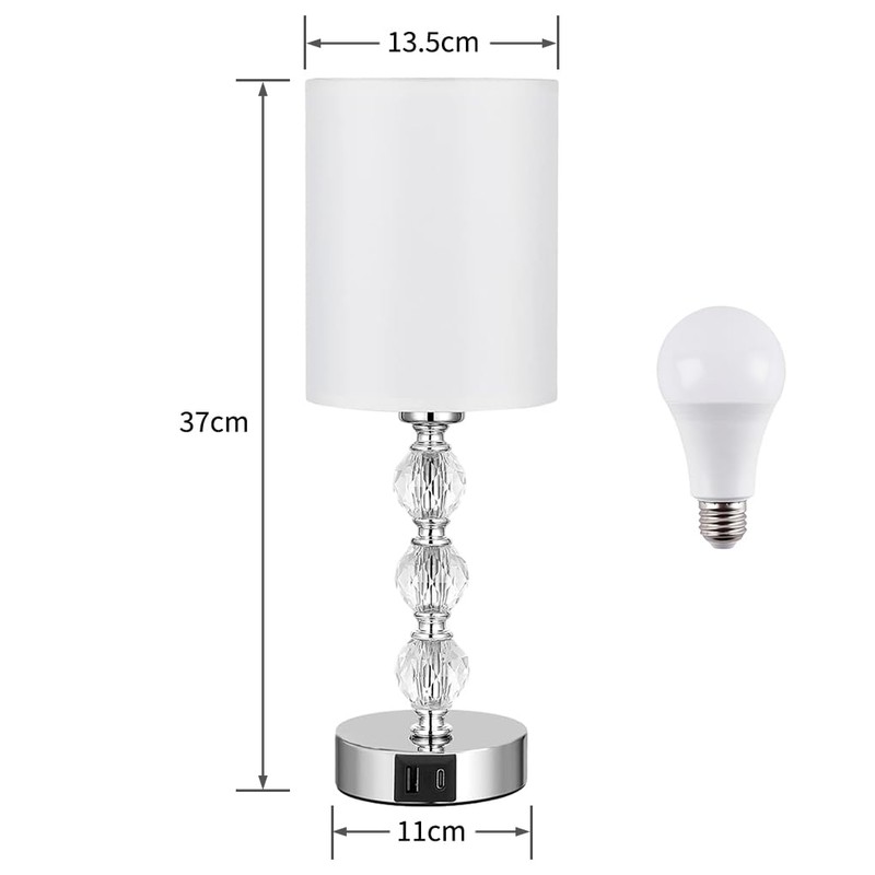 Clora Touch Bedside Crystal Lamp for Bedrooms Nightstand with USB