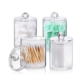 Qtip 4-Piece Holder Dispenser, Transparent PS Plastic Canister Set with Removable Lids, Transparent Makeup Container for Qtips, Cotton Buds, Balls, Cosmetic Pads