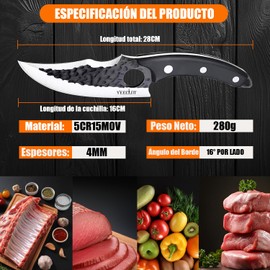 Cuchillo Forjado a Mano Vikingo，Yeeclot Martillado Cuchillos Chef De Cocina Multiusos para Cortar Carne, Cocina, Camping, Barbacoa, Negro
