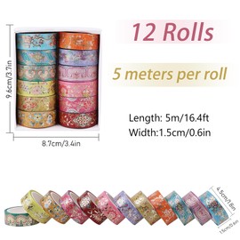NOGAMOGA Gold Foil Vintage Washi Tape 12 Rolls, 16.4 Feet, Aesthetic Decorative Foil Masking Tape Set, Perfect for Bullet Journal, Scrapbook, DIY Crafts