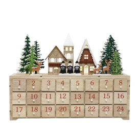 PIONEER-EFFORT Wooden Advent Calendar with LED Lights, 24 Drawers Countdown to Christmas, Barn House Design, Holiday Decoration with Reindeer, Perfect for Kids and Adults, 14.8 x 10.63 x 3.15"