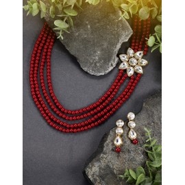 Aheli Gold Plated Maroon Traditional Stylish Kundan Work Long Necklace with Earrings Jewelry Set Gift for Women