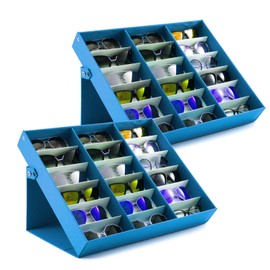jiffordwind 18 Slot Sunglasses Organizer Box Stand Display Case/Tray, Snap Close & Polyester Silk Lined (2, Blue)