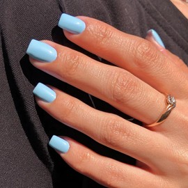 KQueenest 48 Pcs Baby Blue Press On Nails Short Square, Fake Nails Press ons Short Coffin, Pure Color False Nails, Soft Gel Stick on Nail for Women Daily Wear