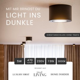 MATO 1 x LED Surface-Mounted Spotlight, Black, Extra Flat and Swivelling, Diameter 80 x 50 mm, Surface-Mounted Ceiling Spotlights, Including 5 W LED Module 230 V - 3000 K Warm White, Ceiling