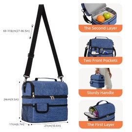 BalladHome Lunch Bag 10L Cooler Bag Insulated Bag Portable Double Compartments Lunch Bag with Adjustable Shoulder Strap for Women Men School Office (Blue)
