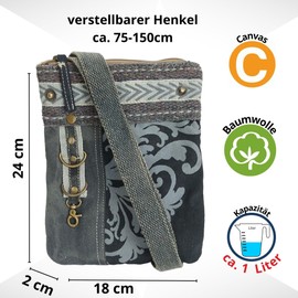 Sunsa Women's Shoulder Bag. Vintage Style Canvas Crossbody Bag. Vegan Crossover Bag. Small Sustainable Grey Shoulder Bag, gray