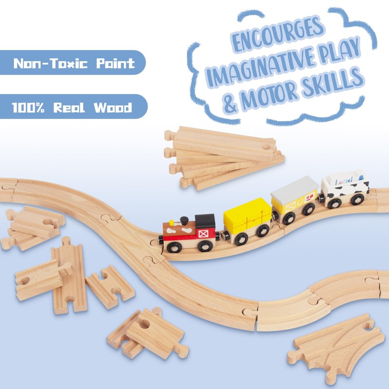 Wooden Train Tracks 24 Piece Set, Track Expansion and 9