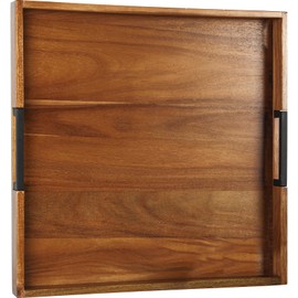 Large Square Ottoman Tray for Living Room and Coffee Table Decorative Acacia Wood Serving Tray with Handles for Breakfast in Bed, Dinner Food Kitchen TV (Natural, 20" x 20" x 2")