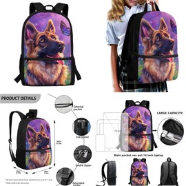 SCRAWLGOD German Shepherd Backpack and Lunch Bag Set for Girls 6-8/8-9 Dog Elementary School Bookbag Butterfly Back Pack with Lunch Box Pencil Case Watter Bottle Holder Keychain Kids Student Book Bags