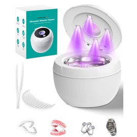 Ultrasonic Retainer Cleaner-45kHz & 4 Modes Dental Ultrasonic Retainer Cleaner Machine,200ML UV Dental Cleaning Pod for Aligners, Dentures,Mouth Guards, Braces, Toothbrush Heads,Jewelry (White)