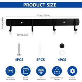 pzihao Pack of 2 Hook Rack Kitchen Hooks, Coat Hooks, Wall Hooks, Coat Hooks, Black, Stainless Steel Coat Rack with 4 Hooks for Hanging Coats, Hats, Jacket Hangers, Metal Wall Coat Hooks