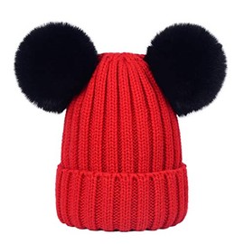 CHUANGLI Winter Toddler Girls Boys Knit Hat with Plush Lining, Cute Pom Pom Ears Beanies Skull Cap Hats for Kids 3-12Y(Red Black)