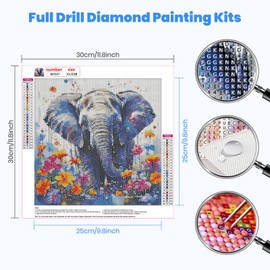HEIBAGO Elephant 5D DIY Diamond Art Painting Kits for Audlts, Full Drill Animaux Diamond Painting for Beginners Rhinestone Embroidery Diamond Dots Set Flower Gem Art Crafts for Home Decor 30x30cm