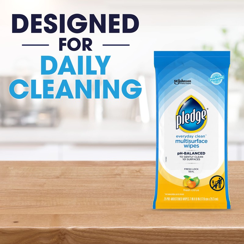 Pledge Multisurface Cleaning Wipes, pH Balanced, Fresh Citrus, 25 Count