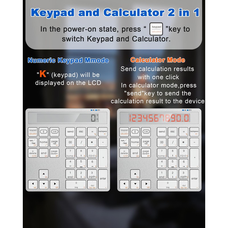 Pubiohs 34-Key Wireless Numeric Keypad with Calculator - Bluetooth and