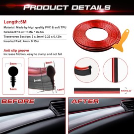 Xotic Tech Red Car Interior Door Gap Panel Edge Line Insert Molding Trim Decor Anti-Scratch Strip w/Tool Universal for Cars (16ft/ 5M)