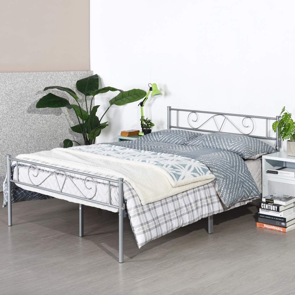Geniqua Double Bed Full Size Bed Frame Metal Platform Headboard
