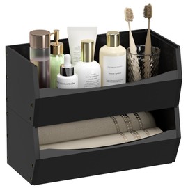 2 Set Open Front Stackable Storage Bins, Bamboo Stacking Storage Bins Food Vegetable Makeup Containers, Organizer Bins for Kitchen, Bathroom, Office, Cabinet, Countertop Storage (Long Black)